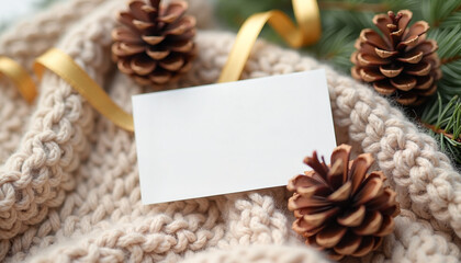 Blank card with pine cones and golden ribbon on soft background  