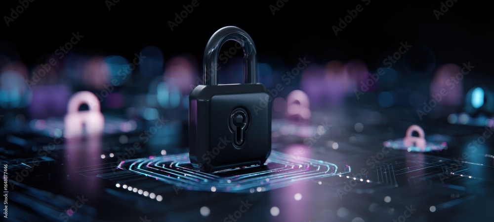 Poster [the padlock representing digital security on a futuristic circuit board with glowing lights]