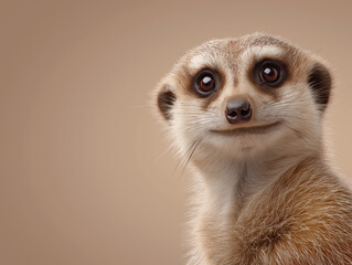 Fototapeta premium Cute meerkat with bright eyes and soft fur, looking curiously at the viewer, set against a smooth, neutral background, showcasing its playful and inquisitive nature