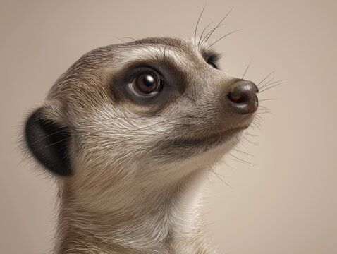 Close-up portrait of a meerkat with expressive eyes and detailed fur texture, showcasing its curious nature and alert demeanor in a neutral background setting