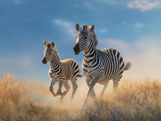 Fototapeta premium Two zebras, an adult and a juvenile, are running through tall golden grass under a bright blue sky, showcasing the beauty of wildlife in their natural habitat