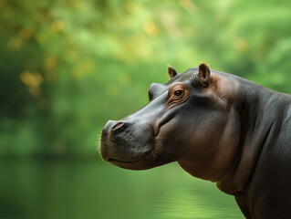Naklejka premium Hippopotamus with smooth skin and large eyes stands near a serene water body, surrounded by lush greenery, showcasing the beauty of wildlife in its natural habitat