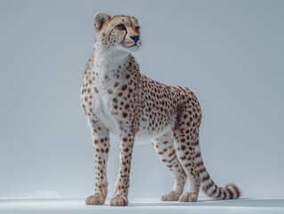 Obraz premium Realistic 3D illustration of a standing cheetah with detailed fur texture, showcasing its elegant posture and distinctive spots against a soft gradient background