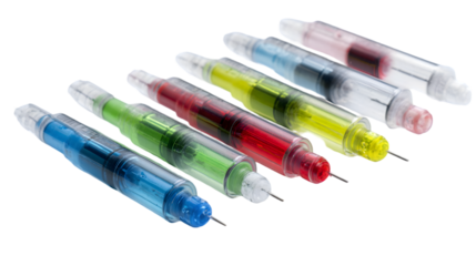 Close up of colorful syringes with needles arranged in a row on a white surface with black background