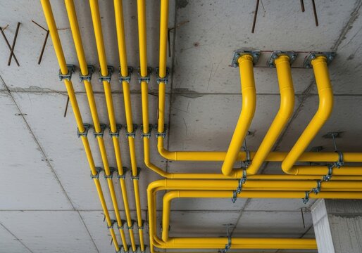 Yellow electrical conduits installed on a concrete ceiling in a building