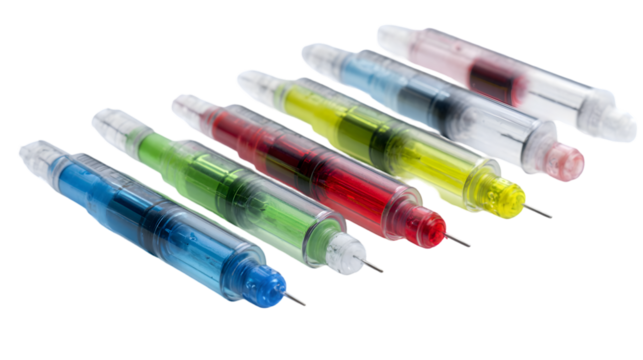 Close up of colorful syringes with needles arranged in a row on a white surface with black background