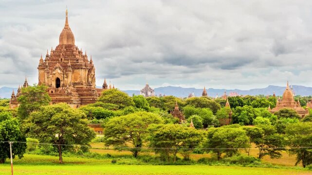 Scenic view of ancient bagan temples and pagodas surrounded by trees in myanmar