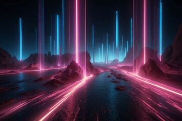 abstract neon background glowing plasma pink blue vertical rays aurora borealis phenomenon