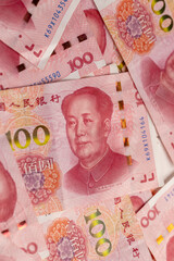 Chinese money with a face value of 100 yuan closeup, a background of money used in China, obverse...