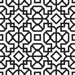 Intricate geometric pattern with repeating symmetrical shapes and lines creating a complex tessellation on a white background