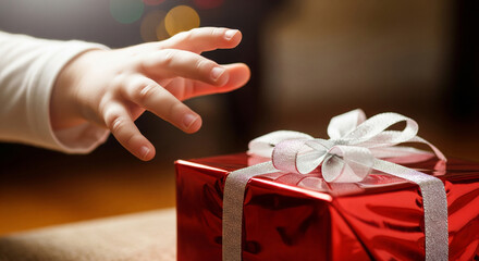 child's hand reaching for a gift during the holiday season.