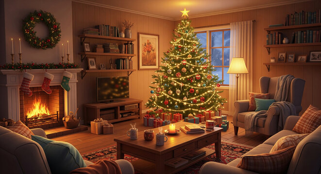 cozy living room and a beautifully decorated Christmas tree.