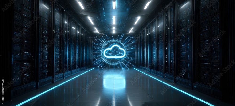 Poster the cloud icon floating in a futuristic illuminated data center aisle