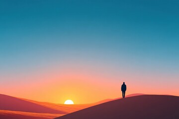 Lonely figure standing on a sand dune at sunset in a tranquil landscape