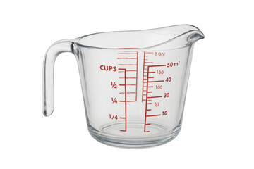 Empty glass measuring cup with handle on transparent background