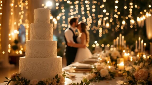 A wedding cake with a couple embracing in the background under string lights and candle decorations