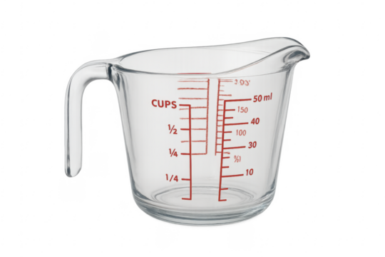 Empty glass measuring cup with handle on transparent background