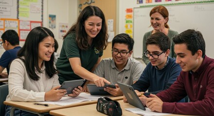 Students and teacher using tablets in a classroom