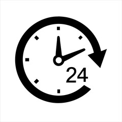 A clean vector silhouette icon for 24-hour service, in a solid dark blue color. It shows a clock with an arrow circling it. White background.