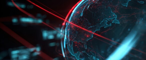 The globe illuminated by neon network lines in a futuristic digital data visualization