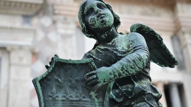 Angel bronze sculpture of the decorative fence of the Cappella Colleoni (Colleoni Chapel), Bergamo alta, Lombardy, Italy