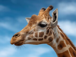 Naklejka premium Close-up of a young giraffe with distinctive patterns and large expressive eyes, set against a bright blue sky, showcasing the beauty of wildlife and nature