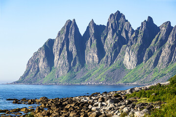 The dragon’s teeth rock, jagged Ersfjord, Senja Island, Norway, also known as Devil’s Jaw