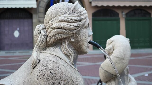 A statue of Contarini fountain in Bergamo alta, lateral view. Lombardy, Italy