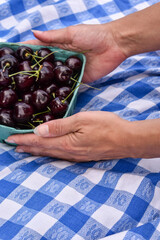 box of cherries in hands