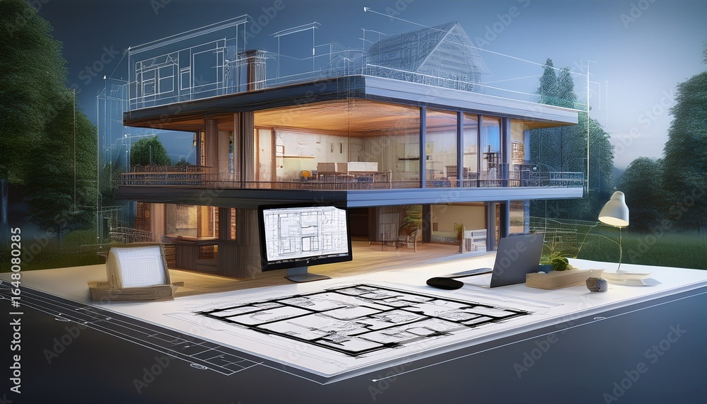 Fototapete cad 3d rendering of a house plan on the computer mockup of house design in 3d cad drafting in revit 