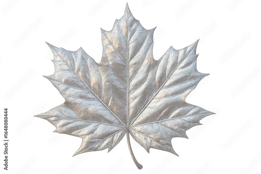 Poster silver maple leaf gleaming with metallic luster, floating against transparent surface, embodying ref