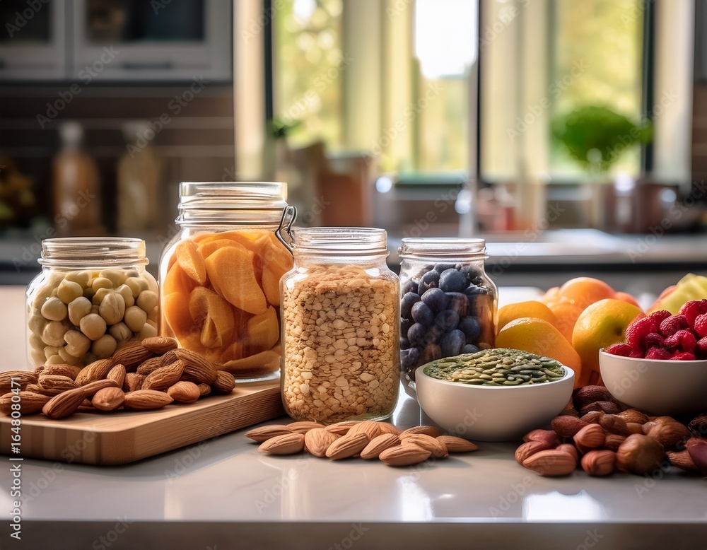 Poster a close up view of nutritious snacks like nuts fruits and seeds displayed on a kitchen counter highl