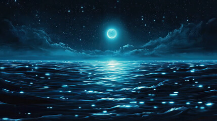 Glowing Bioluminescence in the Ocean with a Soft Blue Glow – AI Generative