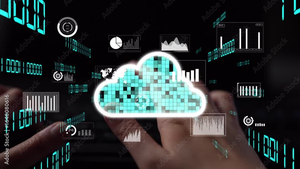Poster dynamic illustration capturing the essence of cloud computing integrated with data analytics and vis