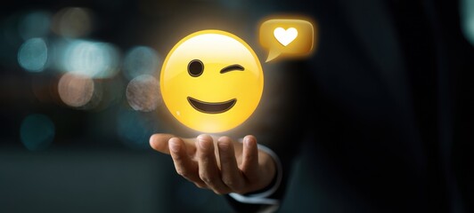 The Winking Emoji Hologram Floating Above a Business Hand at Night