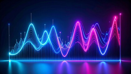 Vibrant neon blue and pink sound wave graph with abstract digital data visualization
