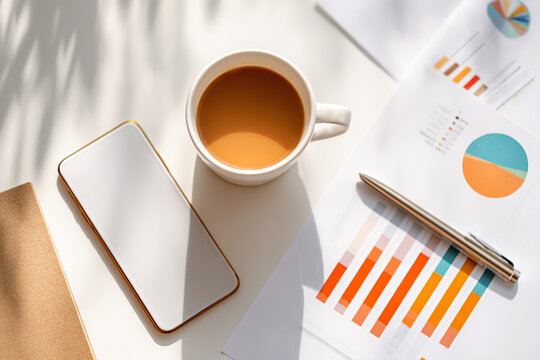 Coffee cup and smartphone beside financial reports on a table - Powered by Adobe