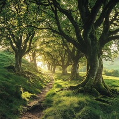 Fototapeta premium Exploring a serene forest path at sunrise nature photography tranquil environment lush greenery