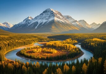 Fototapeta premium Majestic mountain peak overlooking a winding river surrounded by autumn forest in banff national park