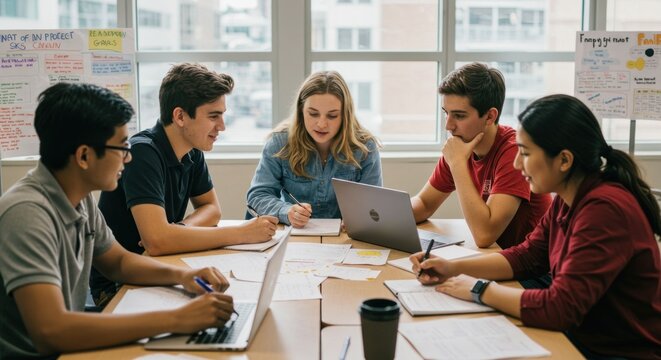 Students collaborate at a table with laptops and papers