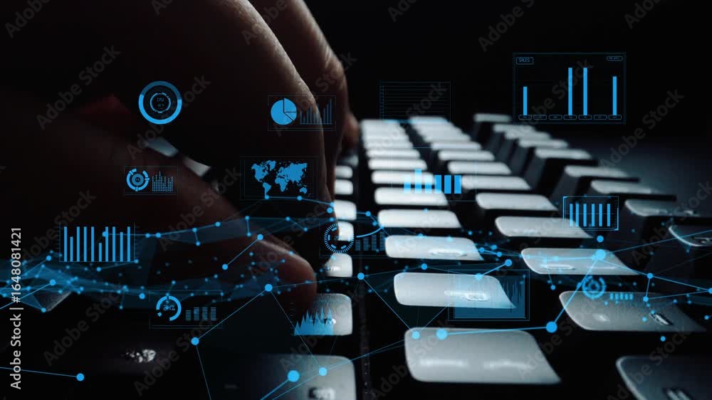 Poster a dynamic and futuristic scene showcasing hands typing on a keyboard, overlaid with digital charts a
