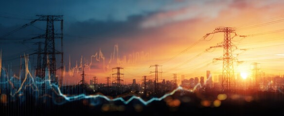 The Power Transmission Towers at Sunset with Energy Grid Data Overlay and City Skyline