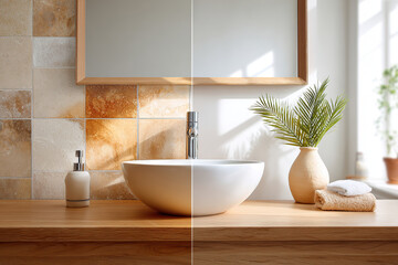 Fototapeta premium Modern bathroom interior showcasing stylish design and natural light during daytime