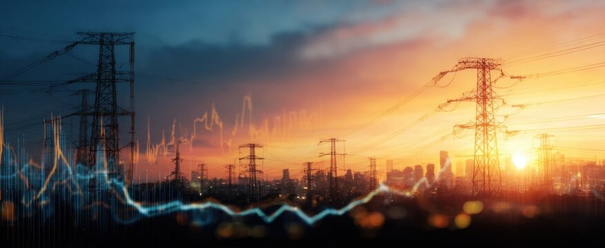 The Power Transmission Towers at Sunset with Energy Grid Data Overlay and City Skyline