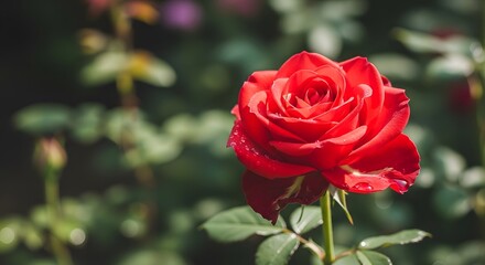 Close-up of a vibrant red rose in full bloom, showcasing nature's delicate artistry and captivating beauty in a lush garden setting.