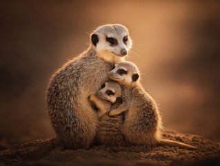 Family of meerkats huddled together in a warm, sandy environment, showcasing their close bond and nurturing behavior in a natural habitat setting