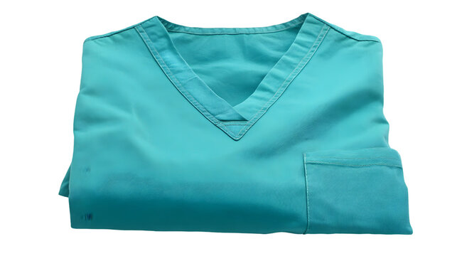 A folded turquoise scrub top with a v neck and a pocket is displayed in a close up studio shot