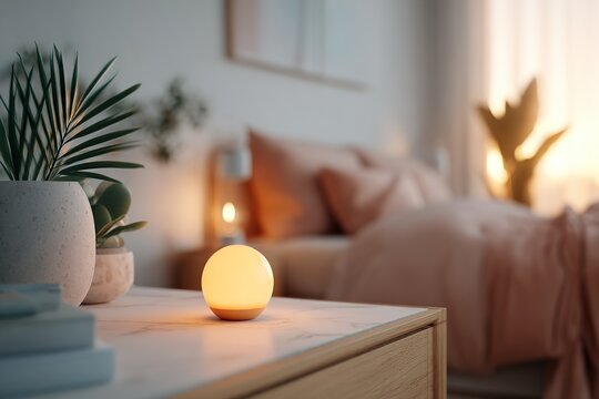 Wellness assistant creating a calming atmosphere on bedside table in cozy bedroom setting