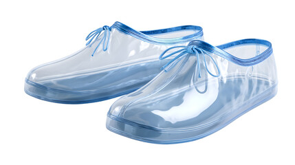 A pair of transparent overshoes with blue trim and laces sitting on a black background in a studio shot