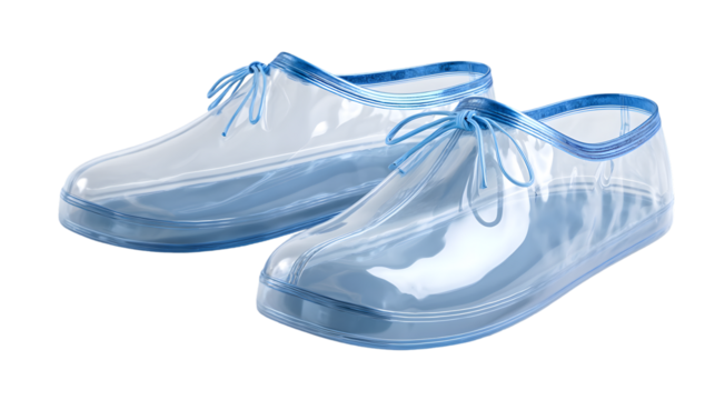 A pair of transparent overshoes with blue trim and laces sitting on a black background in a studio shot